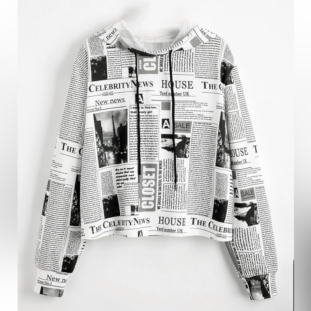 Size S Monochrome Newspaper Print Women's Hoodie